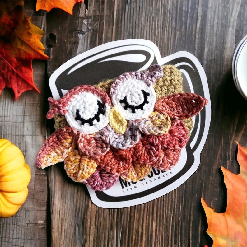 Crochet Autumn Owl Mug Cozy, Coffee Cup Sweater, Owl Drink Sleeve, Fall Harvest Owl Mug Cozy, Coffeehouse Gift, Jar Cozy image 7