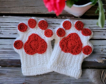 Cat or Dog Paw Fingerless Gloves, Crochet Mitts, Animal Paw, Kitty Paw Mitts, White and Fire Red, Cosplay, Costume, Kitten Mitten