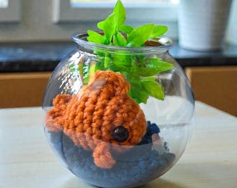 Mini Fuss Free Pet Goldfish, Handmade Crochet Fish in a Bowl, No Water Aquarium, Desk, Apartment Pet Friend, No Mess Class Pet, Dorm Decor