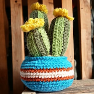 Pode incluir: Uma planta de cacto de crochê com flores amarelas em um vaso listrado azul e laranja. O vaso está sobre uma superfície de madeira.