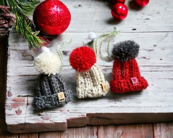 Mini Beanie Ornament, Crocheted pom pom hat ornament, Christmas holiday ornament, Tree Ornament, Holiday Decor, Gift Tags, Purse Bag Charm