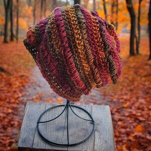 May include: A crocheted beanie hat in shades of brown, red, and orange. The hat is displayed on a black metal stand against a backdrop of autumn leaves.