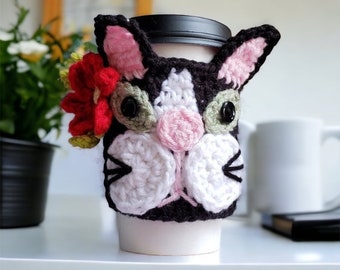 Crochet Black Cat Coffee Cup Cozy: Boho Flower Kitty Drink Sleeve