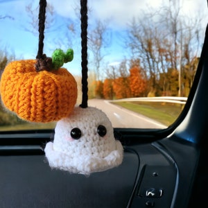 Crocheted Ghost and Pumpkin Car Charm: Spooky Halloween Ornament