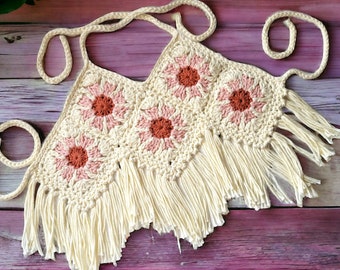 Daisy Flower Häkeltop: Boho Fransen Crop Top, Kinder Sommer Outfit