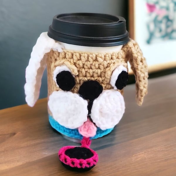 Puppy Coffee Cup Cozy, Boho Dog Flower Drink Sleeve, Bulldog Cosy, Doggie Cup Cozy, Crochet Pup Coffee Cosy, To Go Cups,