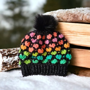 Rainbow Hearts Crochet Beanie: Faux Fur Pom Pom Winter Hat