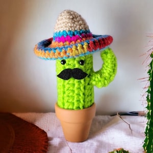 Crochet Saguaro Cactus with Sombrero and Mustache - Cinco de Mayo Decor