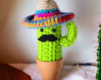 Small Saguaro Cactus with Sombrero and Mustache/Crochet Cinco de Mayo/No Fuss Plant/Succulent Decor/Original Sombrero Cactus/Best Seller