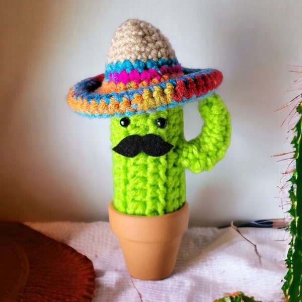 Small Saguaro Cactus with Sombrero and Mustache/Crochet Cinco de Mayo/No Fuss Plant/Succulent Decor/Original Sombrero Cactus/Best Seller