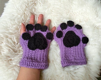 Crochet Cat Paw Fingerless Gloves: Purple Kitty Mitts