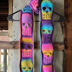 Sugar Skull Scarf, Day of the Dead Scarf, Rainbow Crochet Neck Wrap, Cosplay, Costume, Colorful Skulls, Witchy, Gothic,