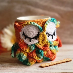 Crochet Owl Mug Cozy: Desert Gold Coffee Cup Sleeve