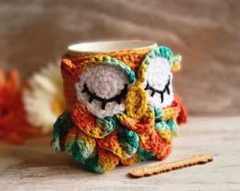 Crochet Owl Mug Cozy, Coffee Cup Sweater, Owl Drink Sleeve, Desert Gold Owl Mug Cozy, Coffeehouse Gift, Jar with handle cozy