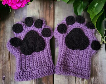 Cat or Dog Paw Fingerless Gloves, Crochet Mitts, Animal Paw, Kitty Paw Mitts,