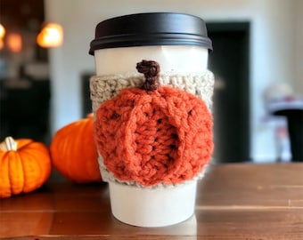 Funda para taza de café de calabaza tejida a crochet: funda para bebida de otoño