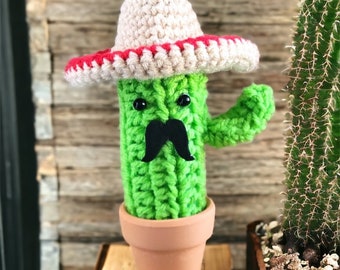 Small Saguaro Cactus with Droopy Mustache/Crochet Cactus in Terracotta Pot/No Fuss Plant/Succulent/Original Sombrero Cactus,Cinco de Mayo