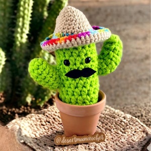 May include: A green crocheted cactus wearing a brown sombrero with a colorful trim and a black mustache. The cactus is in a terracotta pot and sitting on a woven rug. The image includes the text "@desertmooncrochet".
