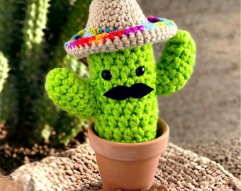 Large Saguaro Cactus with Sombrero and Mustache/Lime Green Crochet Cactus Terracotta Pot/No Fuss Plant/Succulent Decor/Cinco de Mayo Decor