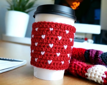 Crochet Coffee Cup Cozy: Red with Tiny White Hearts