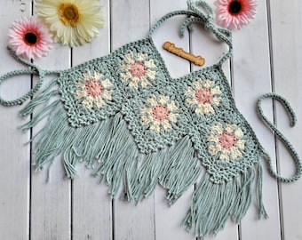 Daisy Flower Häkeltop: Boho Fransen Crop Top, Kinder Sommermode