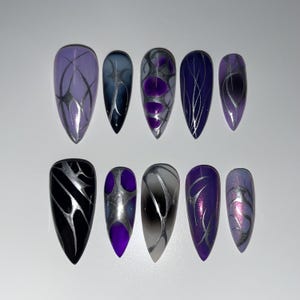 Cybergoth Freestyle - Custom Hand-Painted Press-On Nails - Handmade Goth Nails - Purple Nails - Unique Nails - Chrome Nails - Punk Nail Art