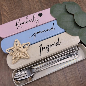 Personalisiertes, tragbares Besteckset, Gabel, Löffel und Essstäbchen aus Edelstahl mit individueller Namensgravur, wiederverwendbares Reisebesteckset mit Etui