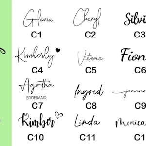 May include: A design featuring various names in elegant cursive script, including "Gloria," "Cheryl," and "Silvia," each with a corresponding code. The names are in black, with a green vertical bar on the left side of the image. The names are for a wedding or event.