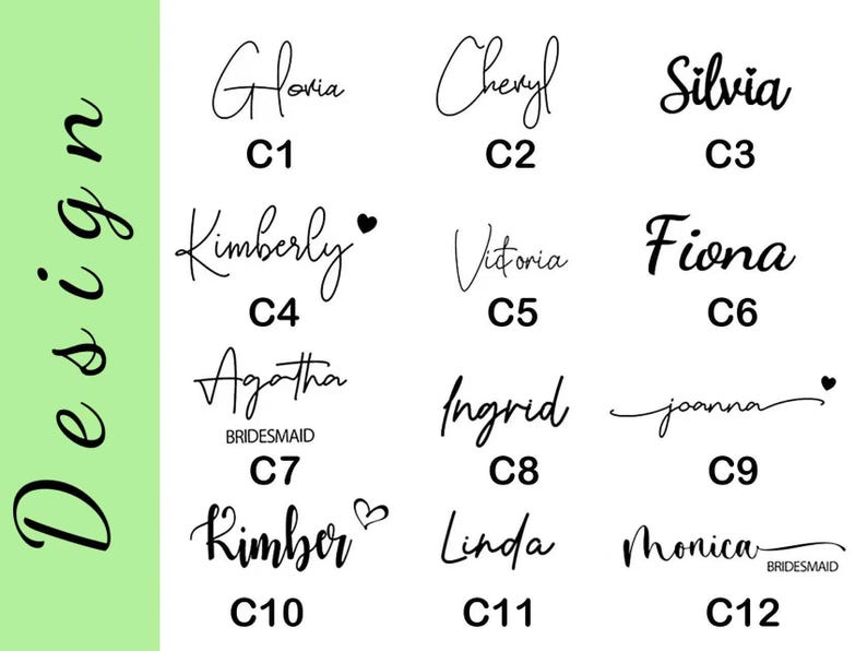 May include: A design featuring various names in elegant cursive script, including "Gloria," "Cheryl," and "Silvia," each with a corresponding code. The names are in black, with a green vertical bar on the left side of the image. The names are for a wedding or event.
