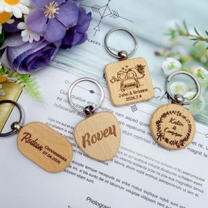 Custom Engraved Beech Wood Keychain, Personalized Name, Custom Text Date Keyring, Wedding Favor Gift
