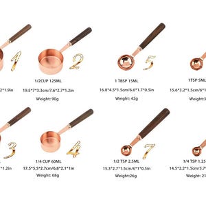 May include: A set of eight copper measuring spoons and cups with wooden handles. Each spoon and cup is labeled with its measurement in milliliters and inches. The set includes 1 cup, 1/2 cup, 1/3 cup, 1/4 cup, 1 tbsp, 1 tsp, 1/2 tsp, and 1/4 tsp.