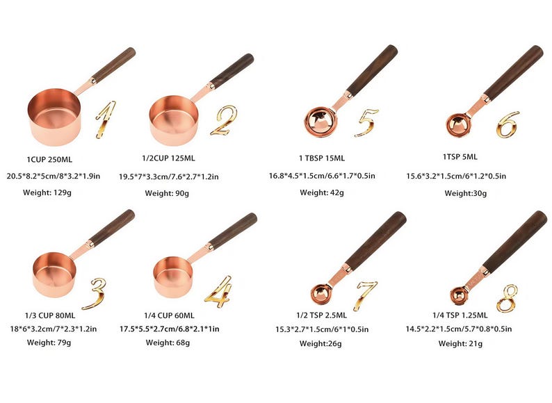 May include: A set of eight copper measuring spoons and cups with wooden handles. Each spoon and cup is labeled with its measurement in milliliters and inches. The set includes 1 cup, 1/2 cup, 1/3 cup, 1/4 cup, 1 tbsp, 1 tsp, 1/2 tsp, and 1/4 tsp.
