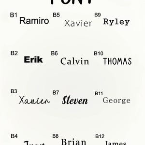 May include: A white background with the word "FONT" in bold black letters at the top. Below, various names are displayed in different font styles, including Ramiro, Erik, Xavier, Juan, Brian, James, Ryley, Steven, George, Calvin, and Thomas.