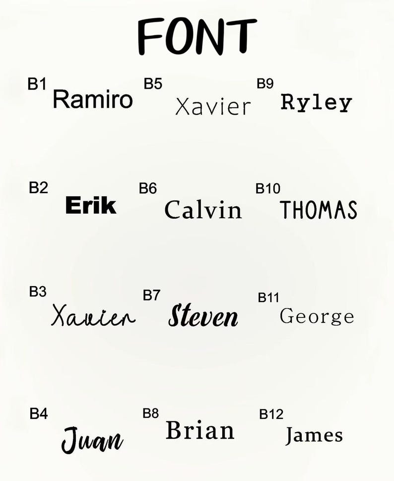 May include: A white background with the word "FONT" in bold black letters at the top. Below, various names are displayed in different font styles, including Ramiro, Erik, Xavier, Juan, Brian, James, Ryley, Steven, George, Calvin, and Thomas.