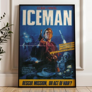 May include: A retro video game poster for "ICEMAN: Code-Name" by Jim Walls, the creator of the Police Quest series. The poster features a man in a scuba suit holding a gun, with a blue and black background. The text on the poster reads "A global oil shortage... radical winters... international crisis... and one man can make the difference." The poster also includes the text "RESCUE MISSION, OR ACT OF WAR?" and the Sierra logo.