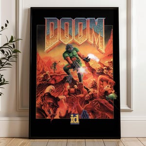 May include: A retro video game poster featuring a green-armored character holding a gun, surrounded by red and orange demons. The poster has the word "DOOM" in large, bold letters at the top and the "id Software" logo at the bottom.