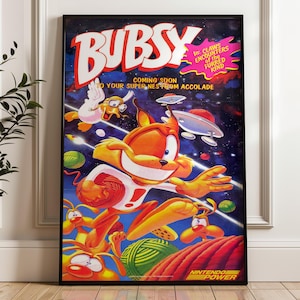 Bubsy Bobcat SNES Retro Gaming Poster Nintendo Power Printable Wall Art Vintage Arcade Themed Decor Cat Cartoon Video Game Poster Gamer Deco
