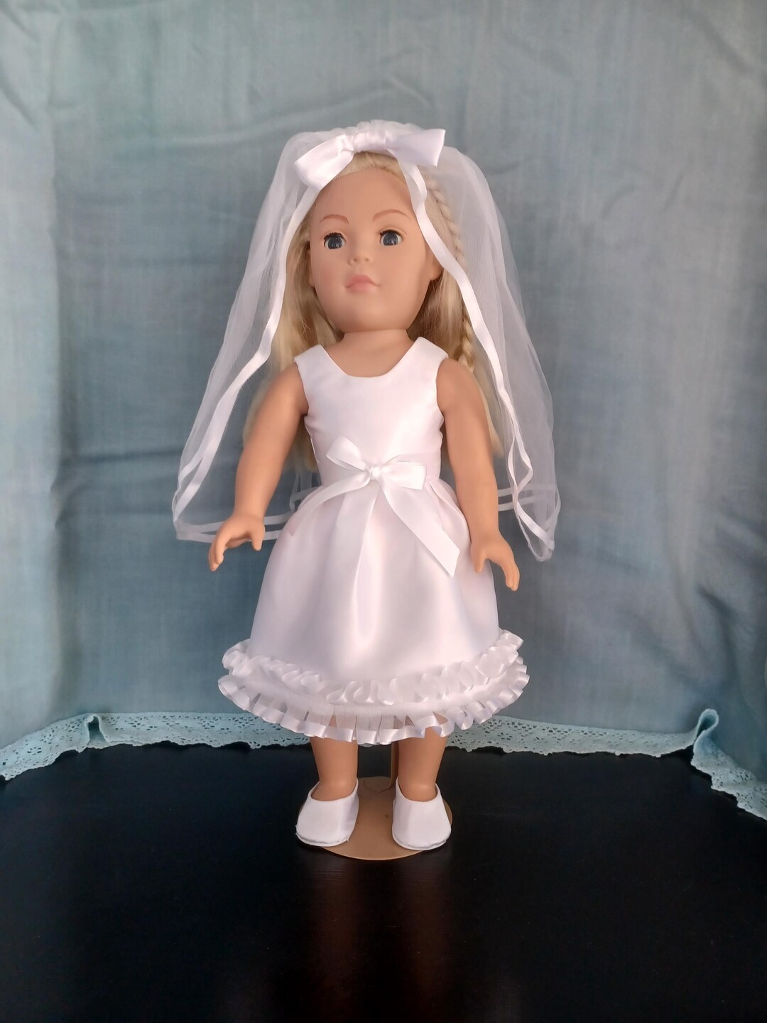 First Communion Doll Dress: Satin Gown, Veil Shoes Fits 18