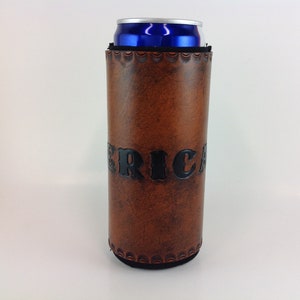 Leather Slim Can Beverage Holder, 12 Oz. Skinny Beer Seltzer Insulator, Groomsmen Bridesmaid Gifts, Personalized image 1