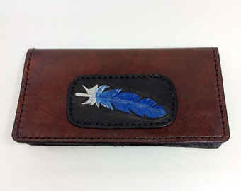 Leather Wallet, Blue Feather, Hand Painted, Hand Tooled, 2D Design, Card Pockets, I D License Window, Ready To Ship