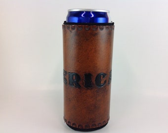 Leather Slim Can Beverage Holder, 12 Oz. Skinny Beer Seltzer Insulator, Groomsmen Bridesmaid Gifts, Personalized