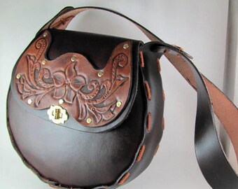 Round Leather Shoulder Bag, Hand Tooled 2D Floral Design, Gift For Her, Present For Mom, Deep Rich Mahogany Color, Ready To Ship, New Price