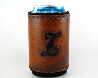 Leather Can Holder, Monogram Initial Z, Hand Tooled Beer Cooler, Personalized Groomsmans Gift, Ready to Ship