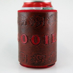 Razorback Hog Leather Can Holder, Hand Tooled Insulated Beer Cooler, Wild Boar Hunting Gift image 1