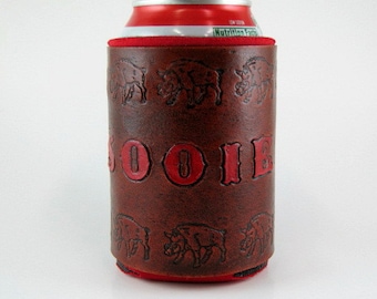 Razorback Hog Leather Can Holder, Hand Tooled Insulated Beer Cooler, Wild Boar Hunting Gift