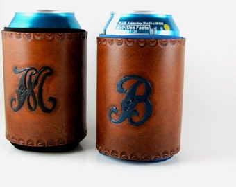 Monogrammed Leather Can Holder, Personalized Groomsmen Gift, Hand Tooled, Wedding Bridesmaids Gift