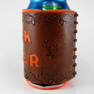 Leather Deer Hunting Can Holder, Hand Tooled, Whitetail Deer, Oak Leaves wth Acorns, Groomsmens Gift image 3