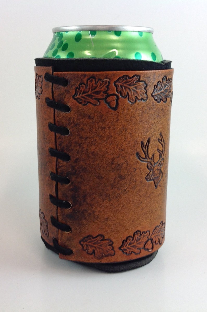 Leather Deer Hunting Can Holder, Hand Tooled, Whitetail Deer, Oak Leaves wth Acorns, Groomsmens Gift image 8