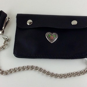 Black Leather Women's Motorcycle Chain Wallet, Heart Concho, Ready to Ship, Hand Sewn, Biker Gift image 5