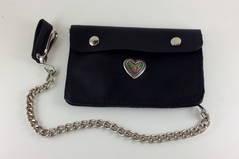 Black Leather Women's Motorcycle Chain Wallet, Heart Concho, Ready to Ship, Hand Sewn, Biker Gift image 5
